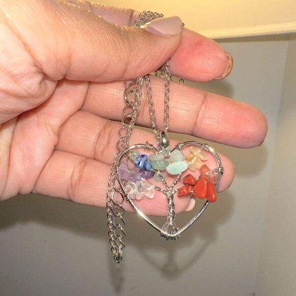 Silver Heart Tree of Life Pendant Necklace with Multicolor Stones - Picture 1 of 3